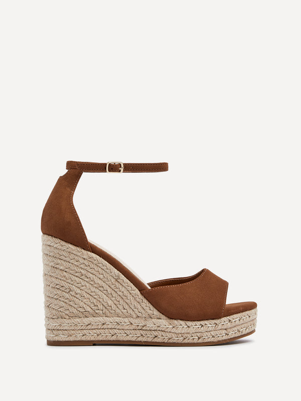 Linzi Tan Faux Suede Rope Platform Wedge With Wrap Around Ankle Strap
