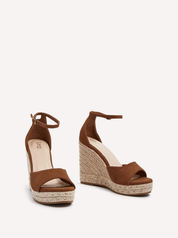 Linzi Tan Faux Suede Rope Platform Wedge With Wrap Around Ankle Strap