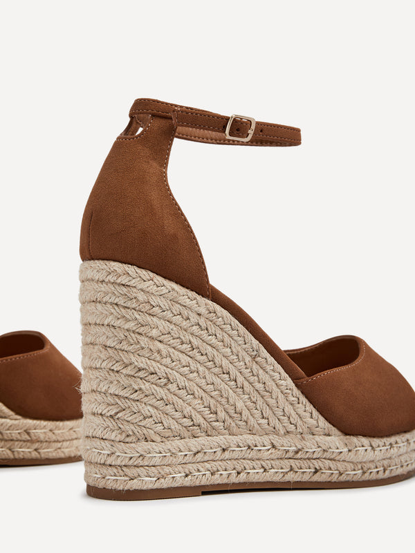 Linzi Tan Faux Suede Rope Platform Wedge With Wrap Around Ankle Strap