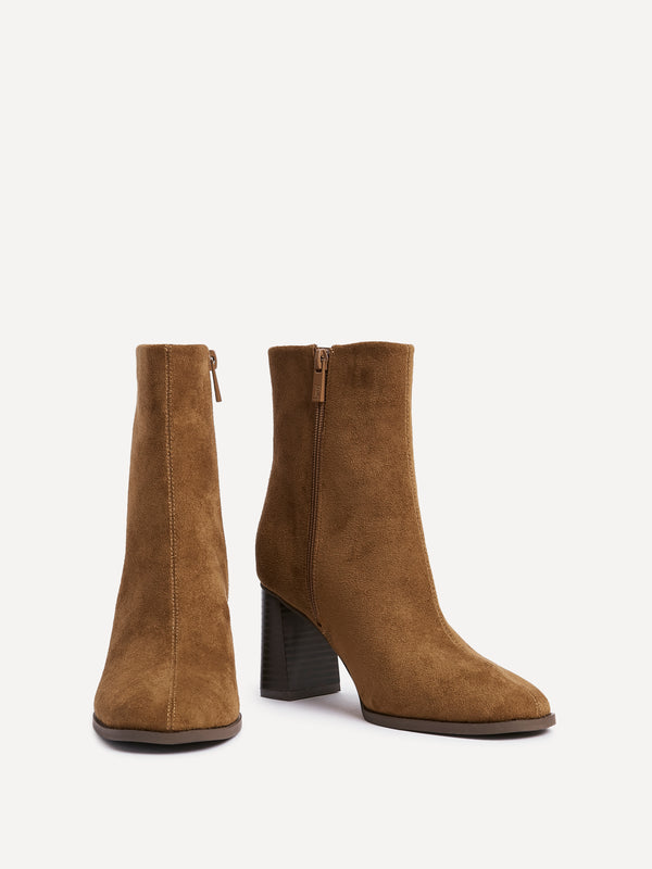 Linzi Tan Faux Suede Round Toe Block Heeled Ankle Boot