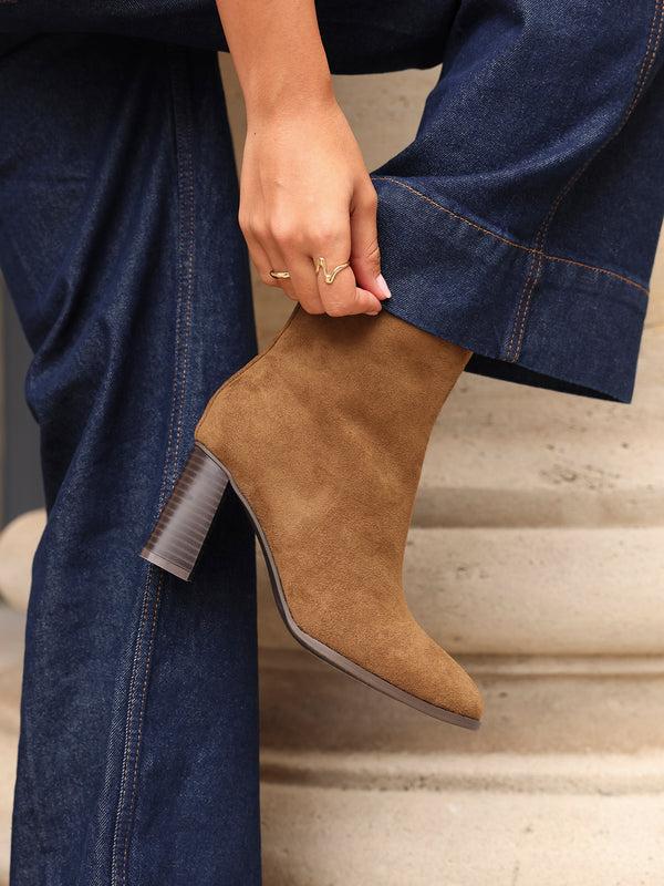linzi Tan Faux Suede Round Toe Block Heeled Ankle Boot