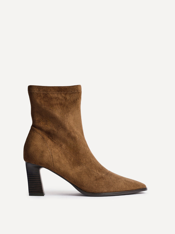 Linzi Tan Faux Suede Sock Ankle Boot With Stacked Heel