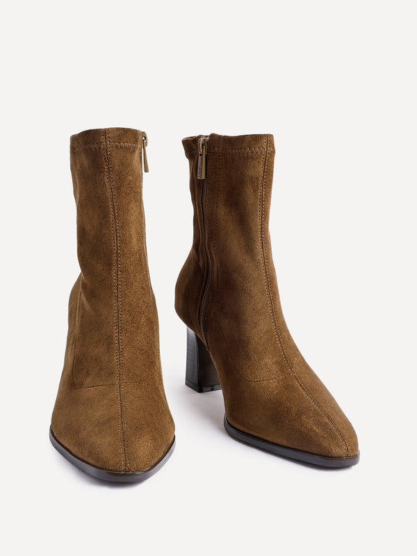Linzi Tan Faux Suede Sock Ankle Boot With Stacked Heel