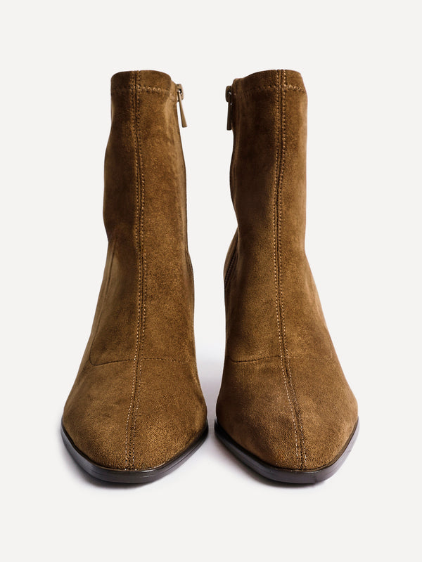 Linzi Tan Faux Suede Sock Ankle Boot With Stacked Heel