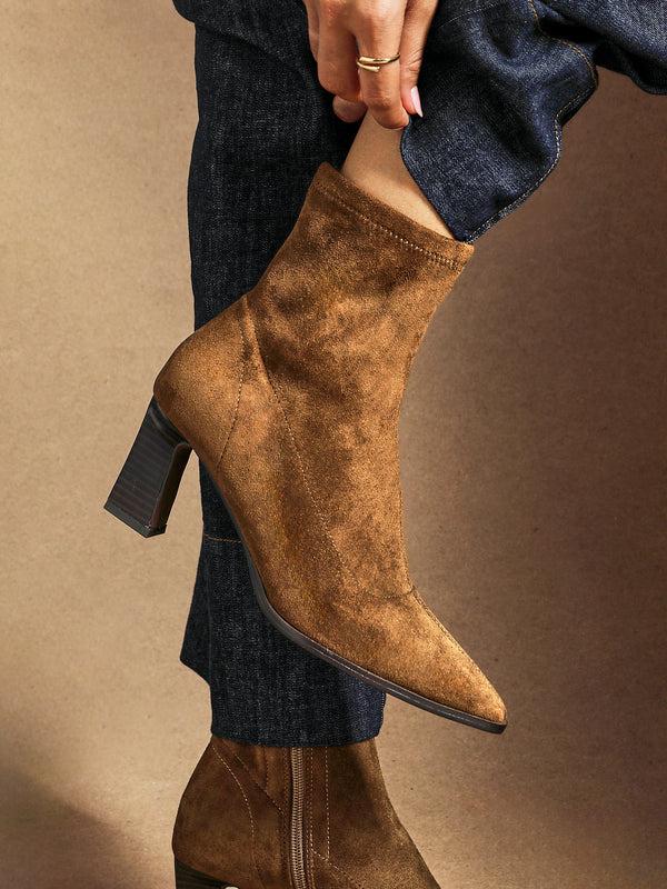 linzi Tan Faux Suede Sock Ankle Boot With Stacked Heel