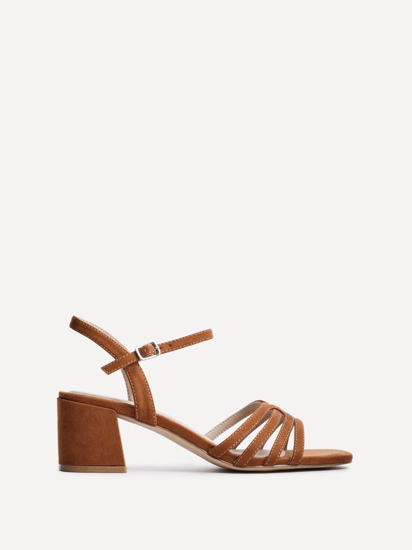 Linzi Tan Faux Suede Strappy Heeled Sandals With T-Bar