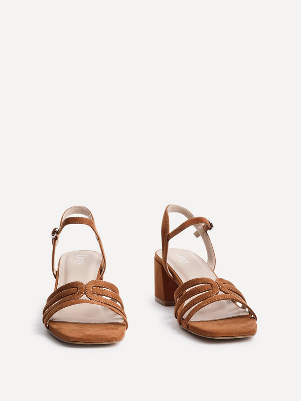 Linzi Tan Faux Suede Strappy Heeled Sandals With T-Bar