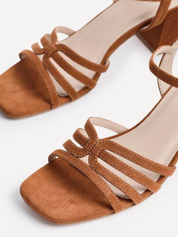 Linzi Tan Faux Suede Strappy Heeled Sandals With T-Bar
