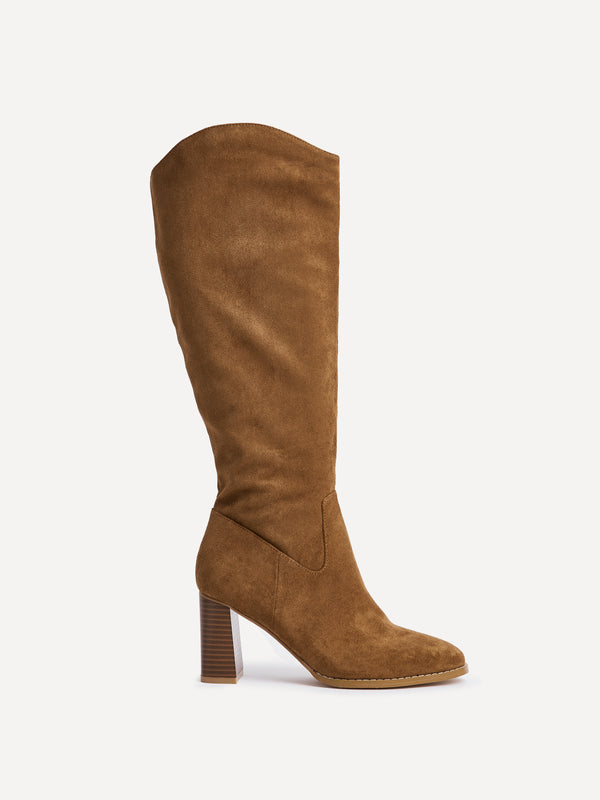 Linzi Tan Faux Suede Western Long Block Heeled Boot