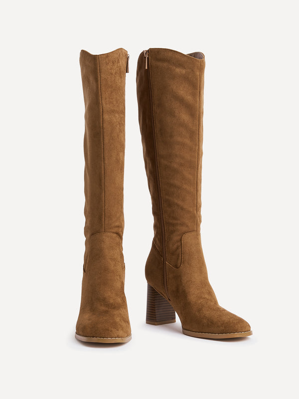Linzi Tan Faux Suede Western Long Block Heeled Boot
