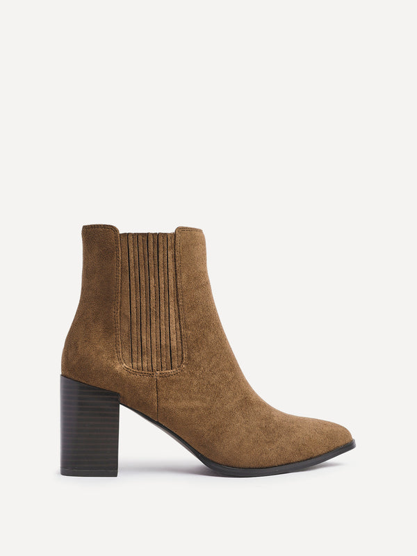 Linzi Tan Suede Pointed Toe Stacked Blook Heeled Boot