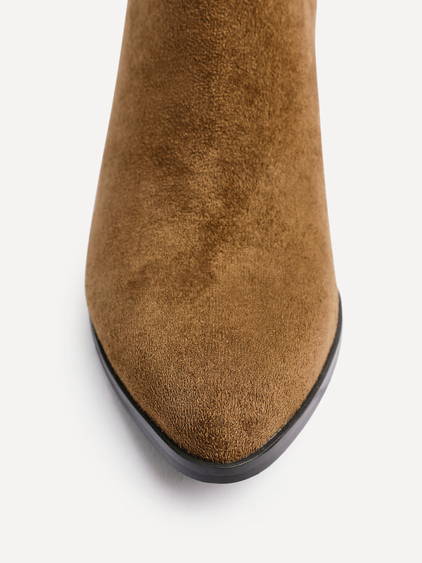 Linzi Tan Suede Pointed Toe Stacked Blook Heeled Boot