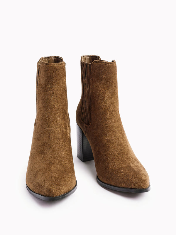 Linzi Tan Suede Pointed Toe Stacked Blook Heeled Boot