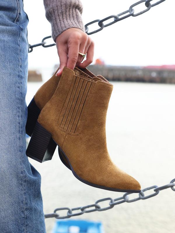 linzi Tan Suede Pointed Toe Stacked Blook Heeled Boot