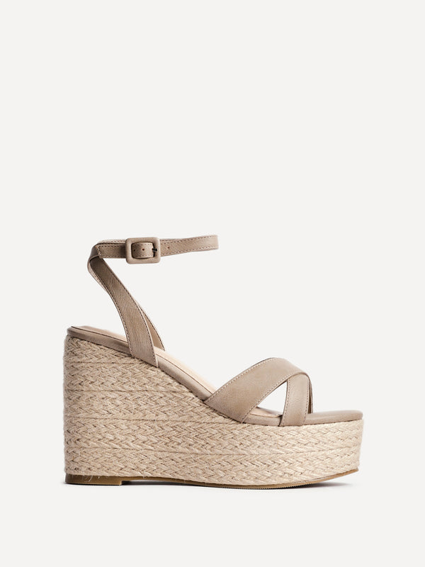 Linzi Taupe Faux Leather Crossover Espadrille Wedge