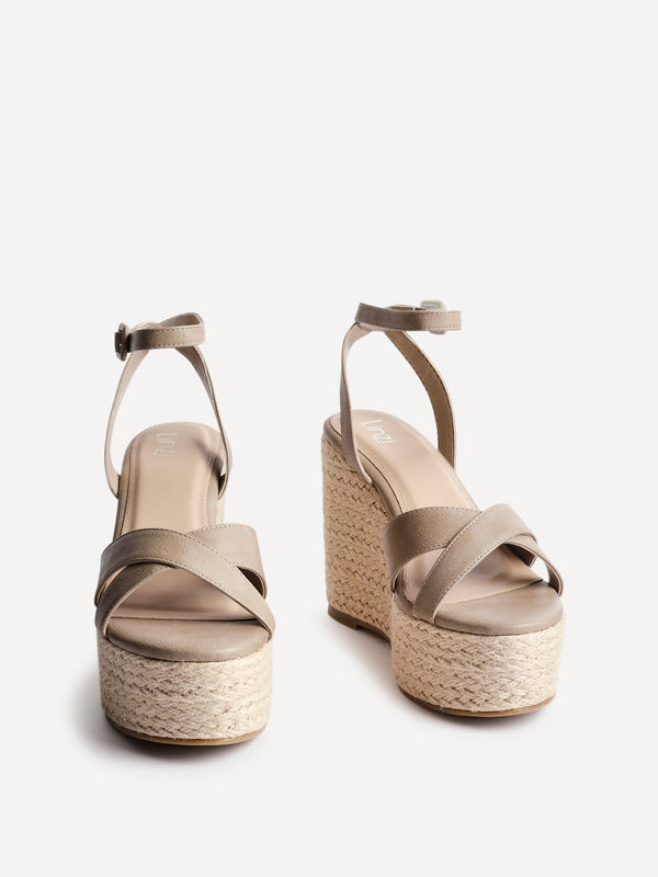 Linzi Taupe Faux Leather Crossover Espadrille Wedge