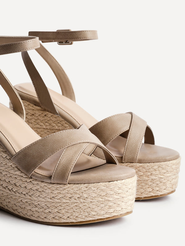 Linzi Taupe Faux Leather Crossover Espadrille Wedge