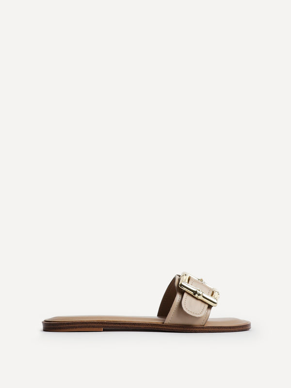 Linzi Taupe Faux Leather Flat Slider Sandal With Buckle Detail