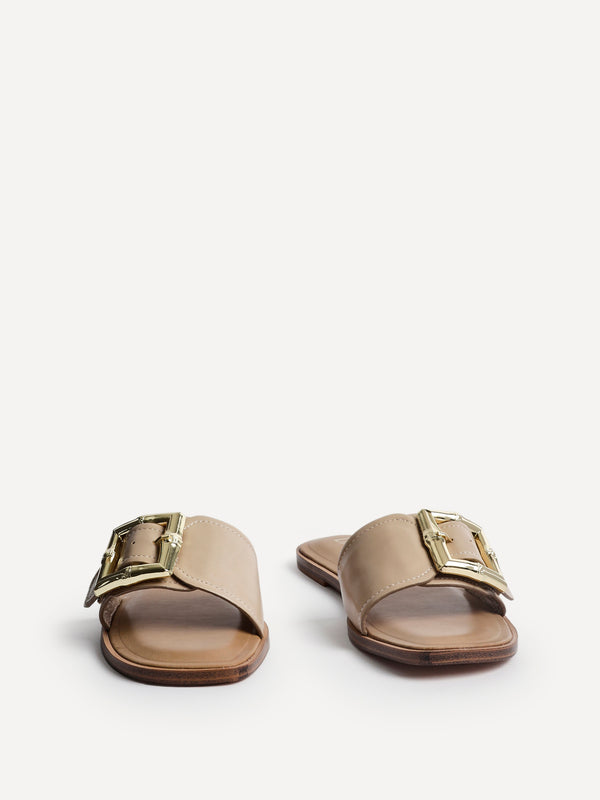Linzi Taupe Faux Leather Flat Slider Sandal With Buckle Detail