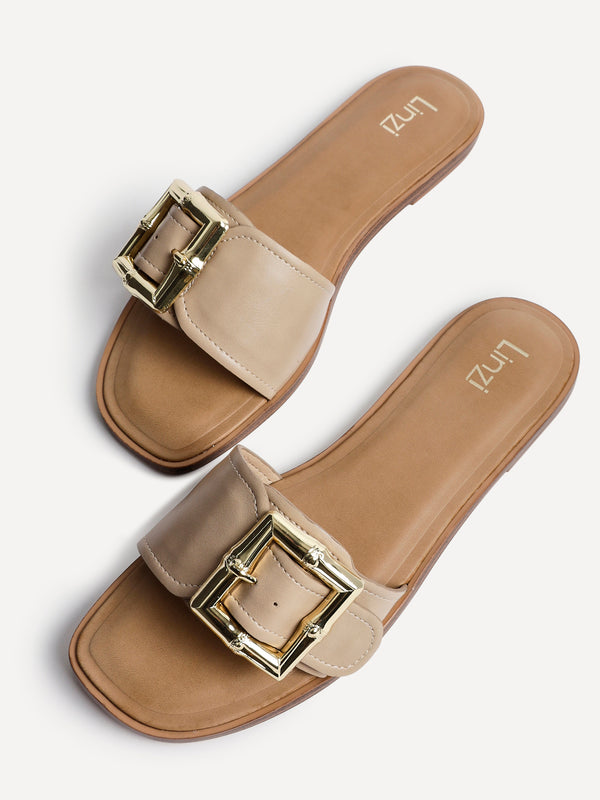 Linzi Taupe Faux Leather Flat Slider Sandal With Buckle Detail