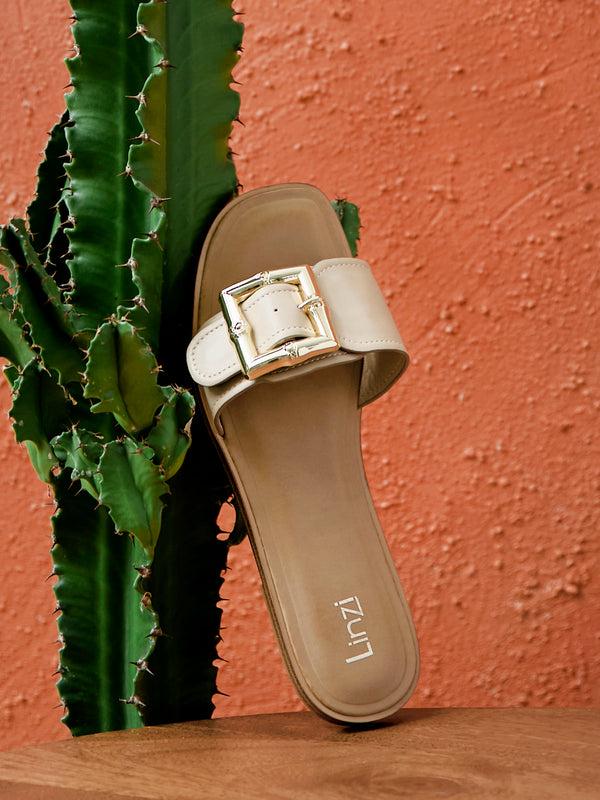 linzi Taupe Faux Leather Flat Slider Sandal With Buckle Detail