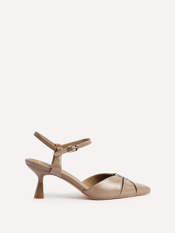 Linzi Taupe Faux Leather Stiletto Court Heel With Eyelet Detail