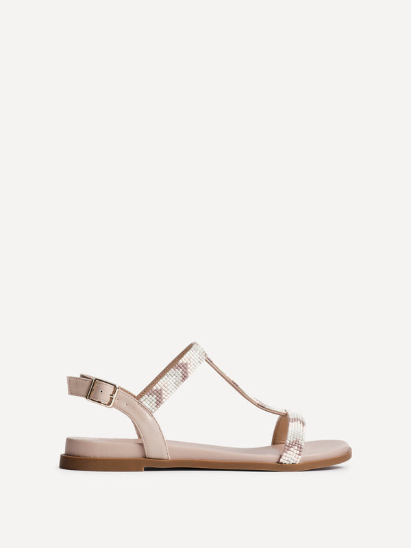 Linzi Taupe Faux Leather T-Bar Embellished Flat Sandals