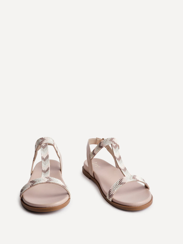 Linzi Taupe Faux Leather T-Bar Embellished Flat Sandals