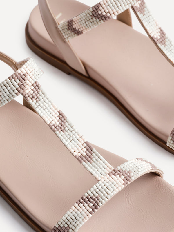 Linzi Taupe Faux Leather T-Bar Embellished Flat Sandals