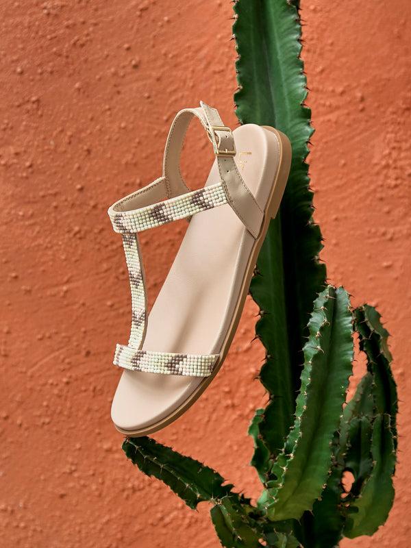 linzi Taupe Faux Leather T-Bar Embellished Flat Sandals