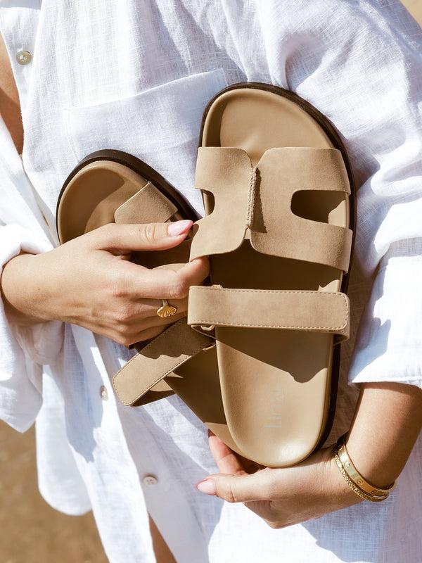 linzi Taupe Faux Nubuck Footbed Linked Design Sandal