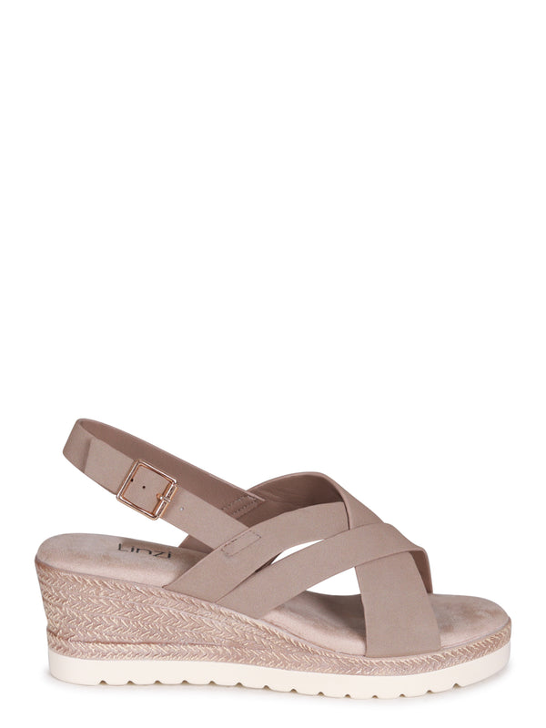 Linzi Taupe Faux Nubuck Slingback Wedge With Crossover Front Strap