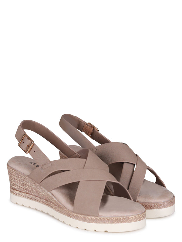 Linzi Taupe Faux Nubuck Slingback Wedge With Crossover Front Strap