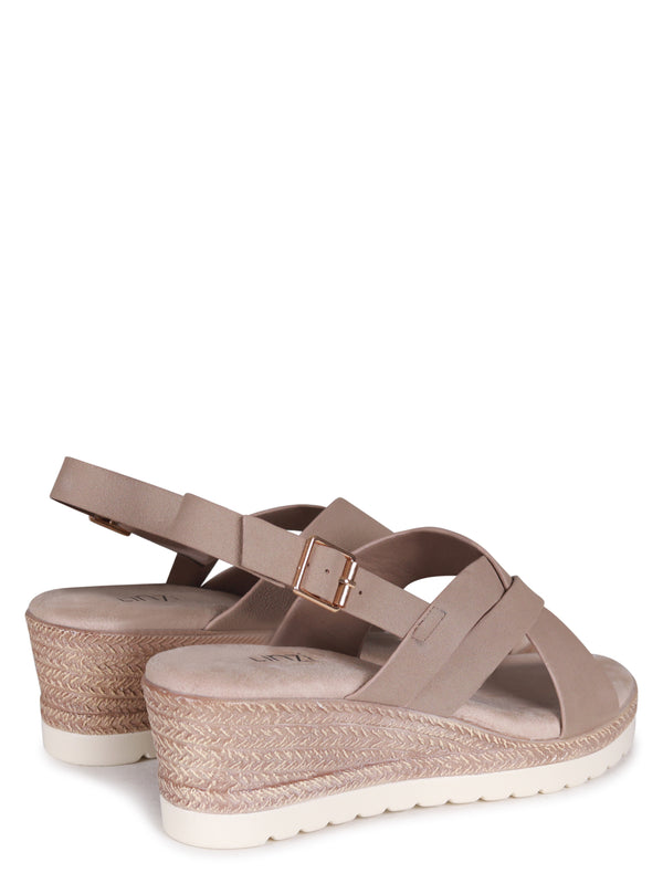 Linzi Taupe Faux Nubuck Slingback Wedge With Crossover Front Strap