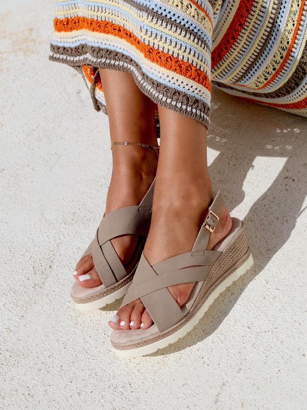 linzi Taupe Faux Nubuck Slingback Wedge With Crossover Front Strap