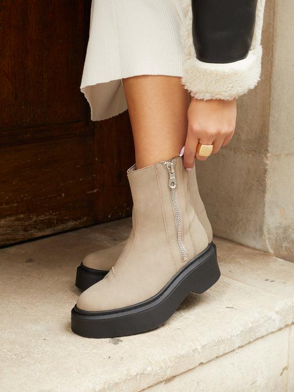 linzi Taupe Nubuck Chunky Platform Boot With Zip Detail