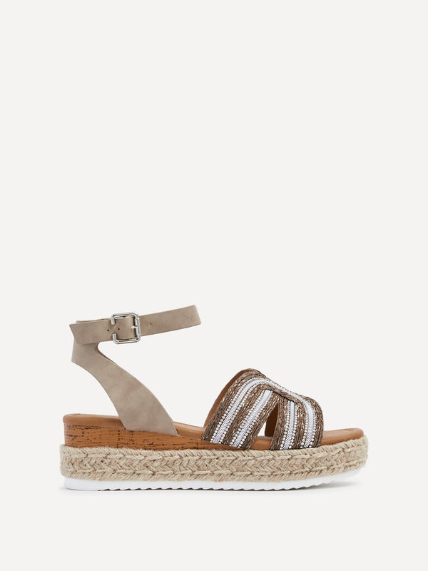 Linzi Taupe Nubuck Espadrille Inspired Platform Wedge With Embellished Strap
