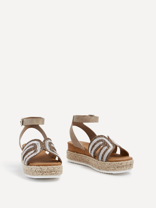 Linzi Taupe Nubuck Espadrille Inspired Platform Wedge With Embellished Strap