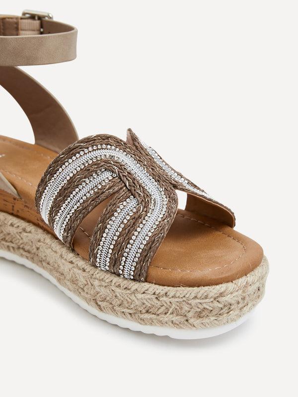 Linzi Taupe Nubuck Espadrille Inspired Platform Wedge With Embellished Strap