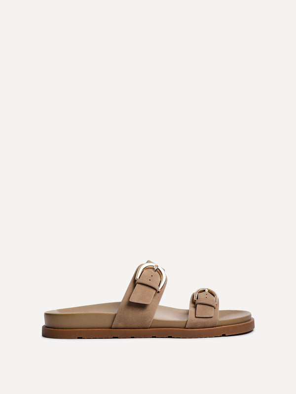 Linzi Taupe Nubuck Flat Sandal With Double Buckle Detail