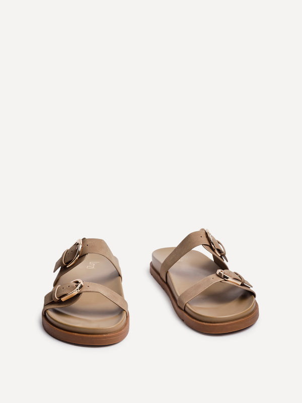 Linzi Taupe Nubuck Flat Sandal With Double Buckle Detail