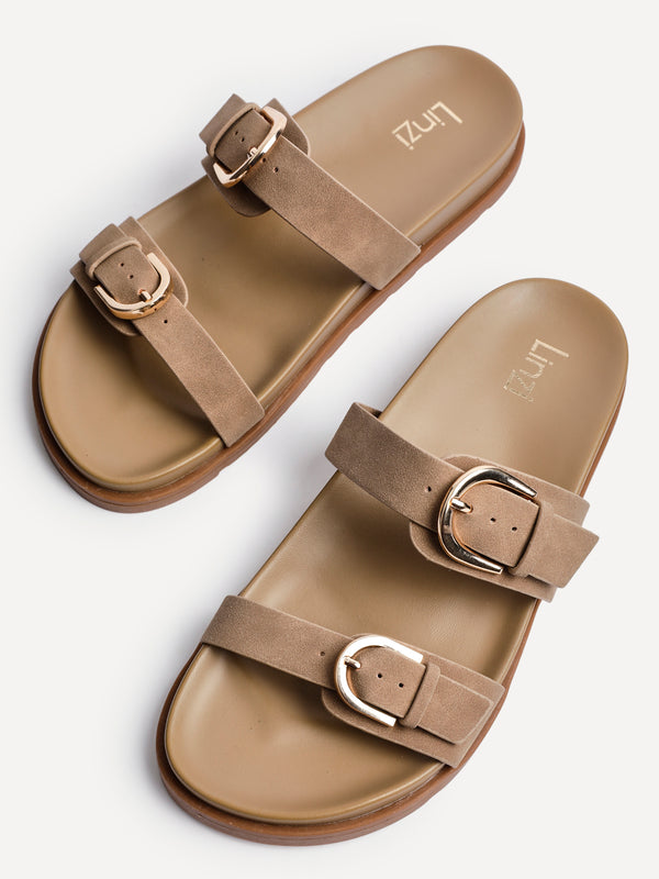 Linzi Taupe Nubuck Flat Sandal With Double Buckle Detail