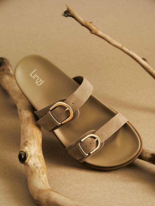 linzi Taupe Nubuck Flat Sandal With Double Buckle Detail