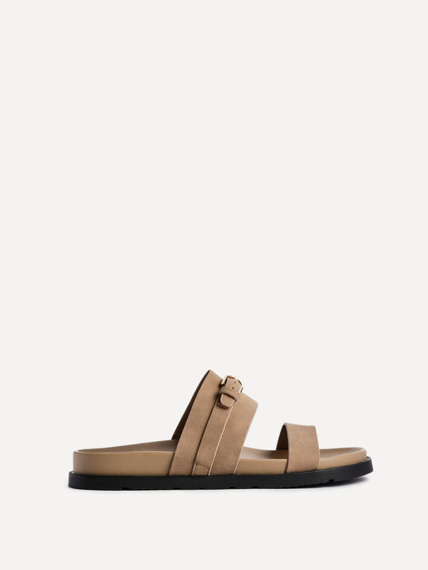 Linzi Taupe Nubuck Flat Slider Sandals With Buckle Detail