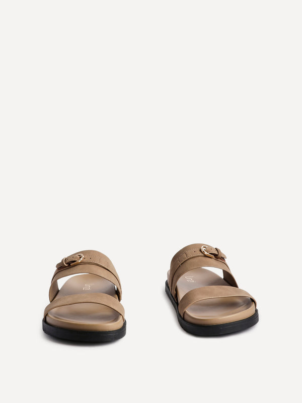 Linzi Taupe Nubuck Flat Slider Sandals With Buckle Detail