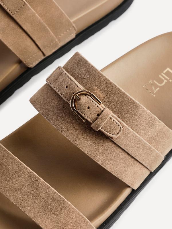 Linzi Taupe Nubuck Flat Slider Sandals With Buckle Detail