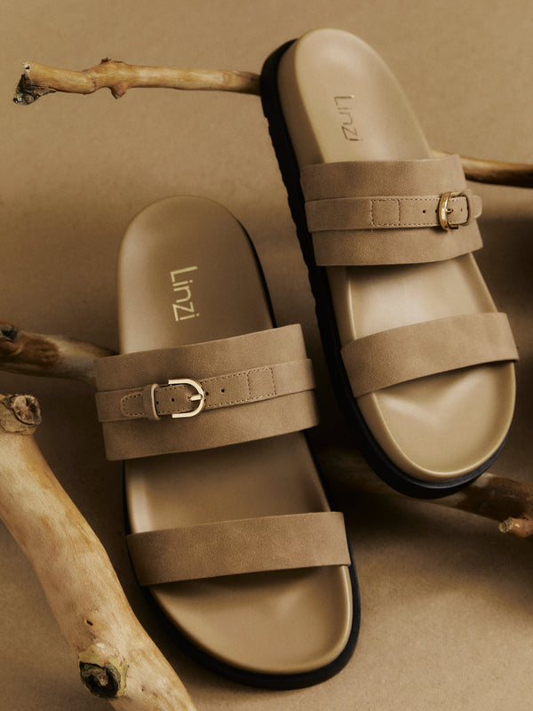 linzi Taupe Nubuck Flat Slider Sandals With Buckle Detail