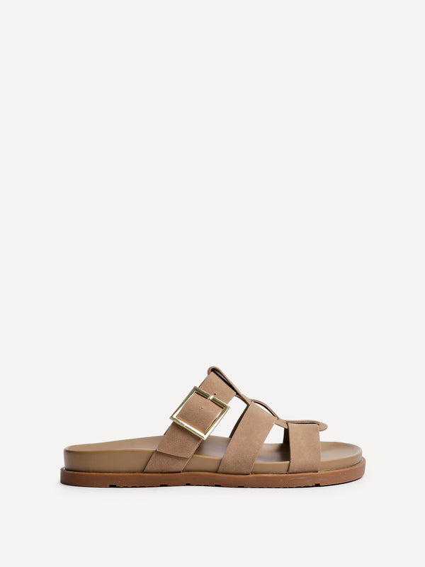 Linzi Taupe Nubuck Gladiator Slip-On Sandal With Buckle Detail