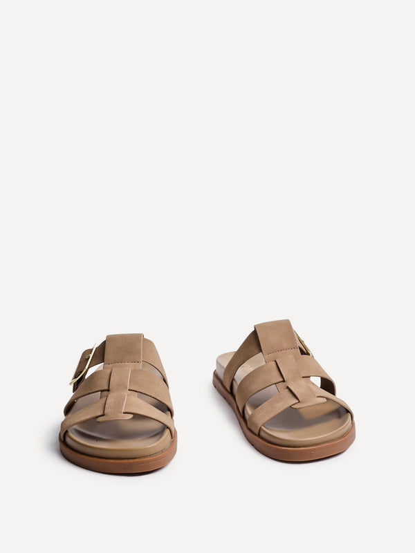 Linzi Taupe Nubuck Gladiator Slip-On Sandal With Buckle Detail
