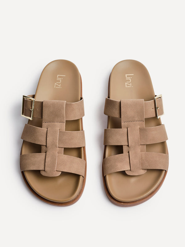 Linzi Taupe Nubuck Gladiator Slip-On Sandal With Buckle Detail
